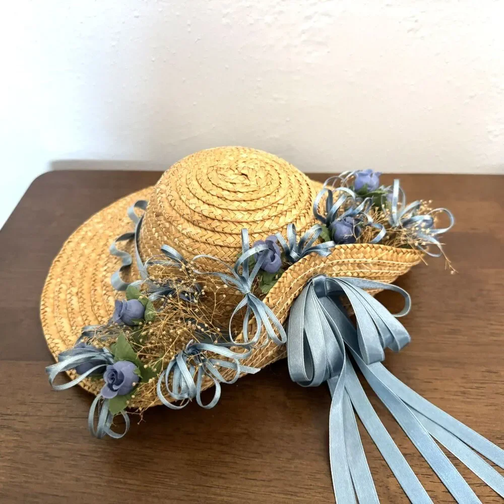 Straw Hat with Blue Flowers, Ribbons Grannycore Cottagecore Wall Decor Blue